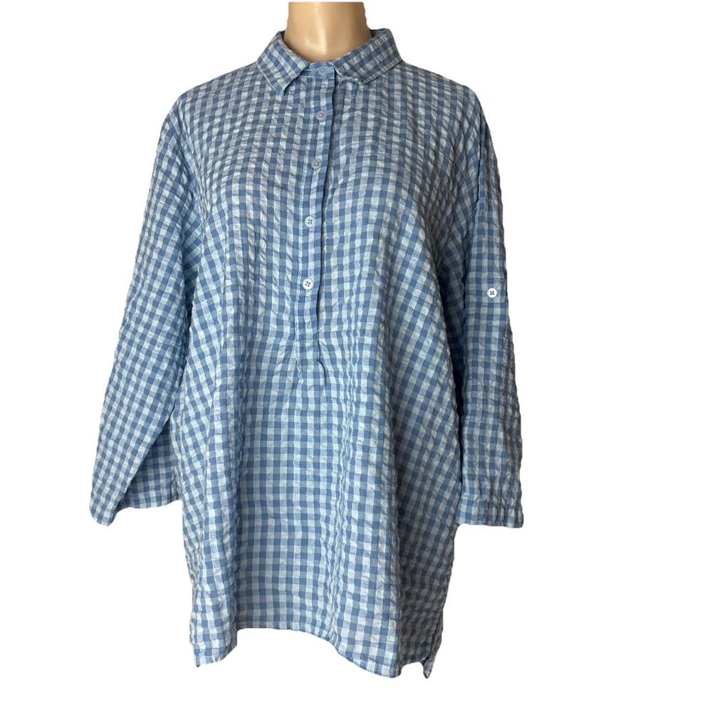 Vermont Country Store Top Womens XL Blue Plaid Roll tab Sleeve Cotton popover